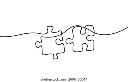 Continuous One Line Drawing of Puzzle Black Sketch on White Background. Puzzle Simple One Line Illustration. Line Art Abstract Business Concept. Minimalist Contour Drawing. Vector EPS 10