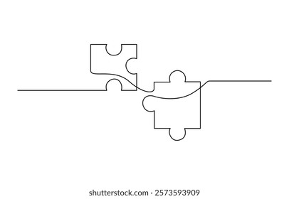 Continuous one line drawing of puzzle jigsaw pieces, Single one line drawing puzzle pieces for connection company logo identity. Puzzle jigsaw metaphor for teamwork collaboration business concept.