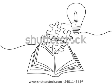 continuous one line drawing of puzzle and open book and light bulb.	