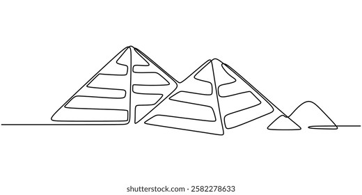 Continuous One line drawing of Pyramid. Depicting ancient Egyptian architecture with basic triangular form. Vector illustration hand drawn.