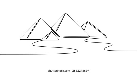 Continuous One line drawing of Pyramid. Representing ancient Egyptian architecture with a simple triangle shape. Vector illustration hand drawn.