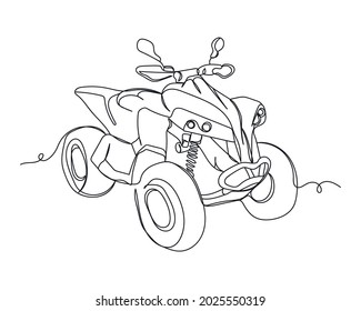 Continuous one line drawing of quad bike in silhouette on a white background. Linear stylized.Minimalist.