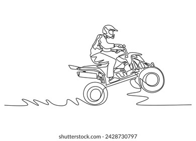 Continuous one line drawing A quad rider doing wheelie adventure. Teamwork hiking. Single line draw design vector