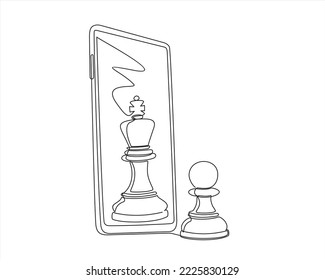 Continuous one line drawing of  a queen figure and chess piece in a game of chess on mobile. Concept for online games. Smartphone with app game of chess. Continuous line 