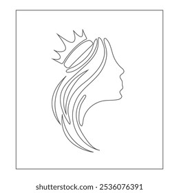 Continuous one line drawing of queen and crown. Simple queen tiara outline design. Editable active stroke vector.