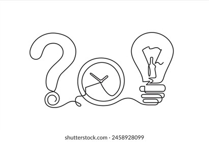 Continuous one line drawing of question mark clock and light bulb. Metaphor of disorganized difficult problem, mess with black single continuous tangle thread in need of unraveling isolated on white	