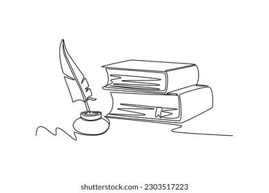Continuous one line drawing quill and books. Book lovers concept. Single line draw design vector graphic illustration.
