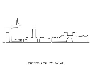 Continuous one line drawing of Rabat city skyline. Single line drawing illustration of Morocco cityscape. Beautiful buildings and architecture concept vector art. Doodle line illustration.