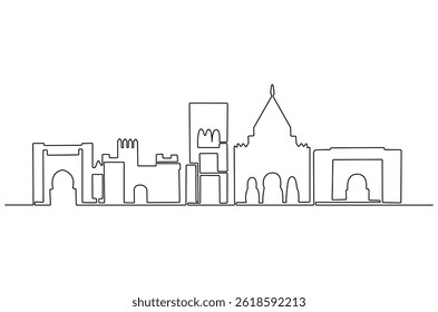 Continuous one line drawing of Rabat city skyline. Single line drawing illustration of Morocco cityscape. Beautiful buildings and architecture concept vector art. Doodle line illustration.