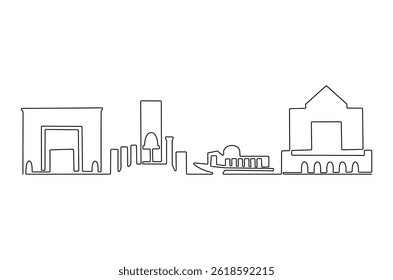 Continuous one line drawing of Rabat city skyline. Single line drawing illustration of Morocco cityscape. Beautiful buildings and architecture concept vector art. Doodle line illustration.