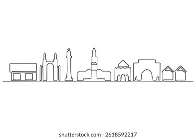 Desenho contínuo de uma linha do horizonte da cidade de Rabat. Ilustração de desenho de linha única da paisagem urbana de Marrocos. Belas construções e arquitetura conceito vetor arte. Doodle linha ilustração.