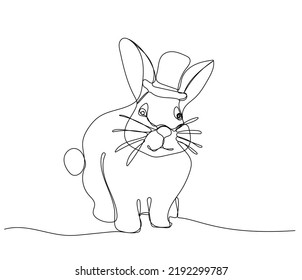 Continuous one line drawing of rabbit with hat. Line art vector minimalist hand drawn illustration