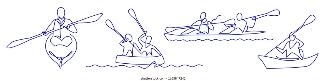 Continuous one line drawing of Rafting, sea kayaking icons set. Vector illustration of water sport - happy rafter with paddle in river boat. Linear sign, summer recreation pictograms