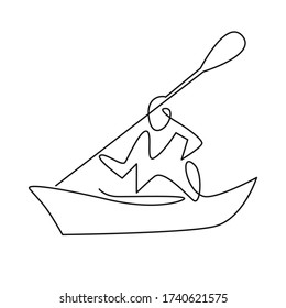 Continuous one line drawing of Rafting, sea kayaking icon. Vector illustration of water sport - happy rafter with paddle in river boat. Linear sign, summer recreation pictograms