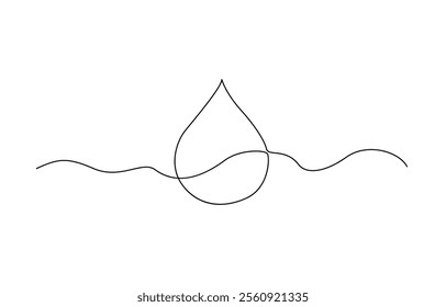 Continuous one line drawing of rain drop, wtaer drop isolated on white background, continuous line of water.one line drawing of water drop. Simple water line vector illustration.