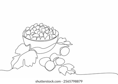 Continuous one line drawing raisins in small bowl, with leaves and grapes. Naturally made to dry. Derived from seedless grapes. Snack. National Raisin Day. Single line draw design vector illustration