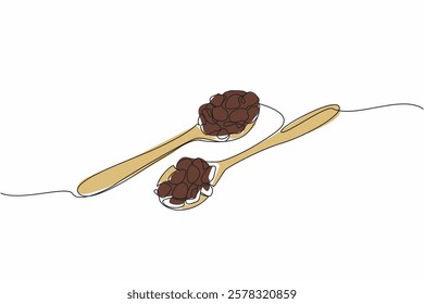 Continuous one line drawing raisins on two wooden spoons. Dry snack. Can also be used as topping on bread. Unique and refreshing taste. National Raisin Day. Single line draw design vector illustration