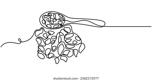 continuous one line drawing raisins spoons, raisins in a bowl isolated on white background, black raisins on a wooden spoon isolated over white, Granola with nuts and dried fruits on wooden spoon.