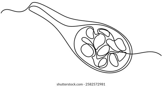 continuous one line drawing raisins spoons, raisins in a bowl isolated on white background, black raisins on a wooden spoon isolated over white, Granola with nuts and dried fruits on wooden spoon.