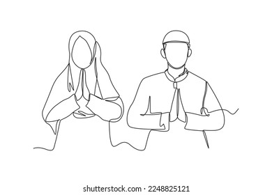 Continuous one line drawing Ramadan greetings with couple of Muslim. Ramadan Concept. Single line draw design vector graphic illustration.