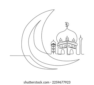 Continuous one line drawing of Ramadan Kareem Symbol. Simple illustration of ramadan latern, mosque, moon  line art vector illustration.