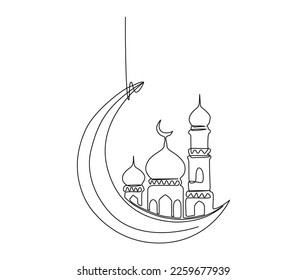 Continuous one line drawing of Ramadan Kareem Symbol. Simple illustration of ramadan latern, mosque, moon  line art vector illustration.