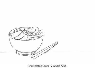 Desenho contínuo de uma linha ramen com várias coberturas. Proteína que complementa carboidratos. Atendido aos clientes. Doces caseiros. Dia Nacional do Ramen. Ilustração de vetor de design de desenho de linha única