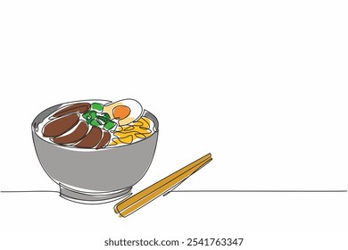 Desenho contínuo de uma linha ramen com várias coberturas. Proteína que complementa carboidratos. Atendido aos clientes. Doces caseiros. Dia Nacional do Ramen. Ilustração de vetor de design de desenho de linha única