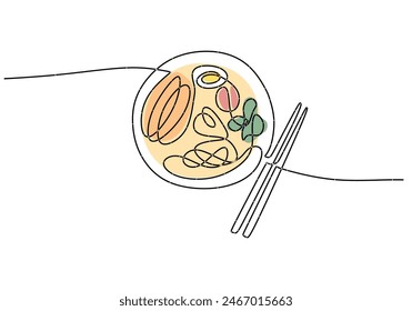 Continuous one line drawing Ramyeon Korean cuisine concept. Single line draw design vector graphic illustration.