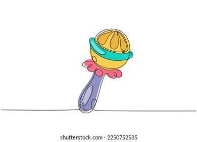 Continuous one line drawing rattle toy. Baby, infant plastic toy. Children education, growth and development concept. Baby rattle. Classic rattle toy. Single line design vector graphic illustration