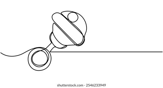 Continuous one line drawing rattle toy. Baby, infant plastic toy. Children education, growth and development concept. Baby rattle. Classic rattle toy. Rattle toy in continuous one line art style.