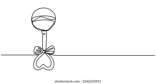 Continuous one line drawing rattle toy. Baby, infant plastic toy. Children education, growth and development concept. Baby rattle. Classic rattle toy. Rattle toy in continuous one line art style.
