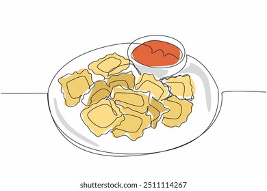 Continuous one line drawing ravioli served on a round plate. Delicious snacks to spend time on the weekend. Tomato sauce adds flavor. National Ravioli Day. Single line draw design vector illustration
