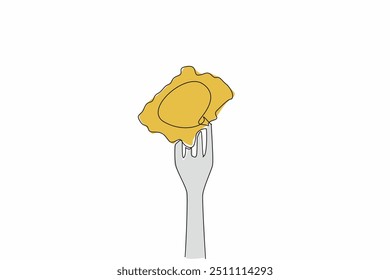 Kontinuierliche einzeilige Zeichnung ravioli durchbohrt mit einer Gabel. Es gibt viele Möglichkeiten, Ravioli zu genießen. Ein köstliches italienisches Essen. Abwahl. Nationaler Ravioli-Tag. Vektorgrafik mit einfarbiger Zeichnung