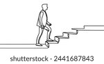 Continuous one line drawing. Reach the target. Businessman climbing stairs to the target. Concept business vector illustration
