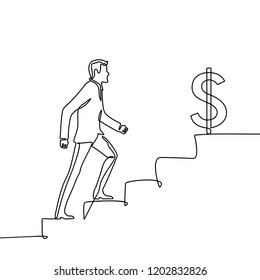Continuous one line drawing. Reach the target. Businessman climbing stairs to the target. Concept business vector illustration Black thin line of climbing stairs.