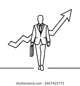 Dibujo continuo de una línea. Alcanza el objetivo. Hombre de negocios subiendo escaleras hasta el objetivo. Concepto de negocio
