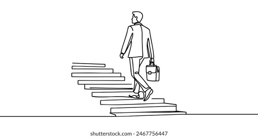 Continuous one line drawing. Reach the target. Businessman climbing stairs to the target. Concept business vector illustration.