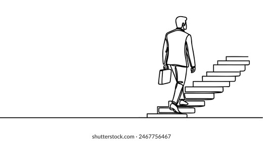 Continuous one line drawing. Reach the target. Businessman climbing stairs to the target. Concept business vector illustration.
