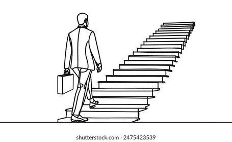 Continuous one line drawing. Reach the target. Businessman climbing stairs to the target. Concept business