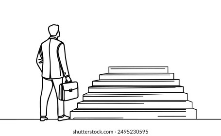 Continuous one line drawing. Reach the target. Businessman climbing stairs to the target. Concept business