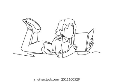 Continuous one line drawing reading book concept. Doodle vector illustration.