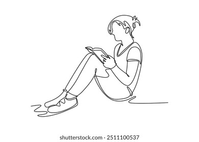 Continuous one line drawing reading book concept. Doodle vector illustration.