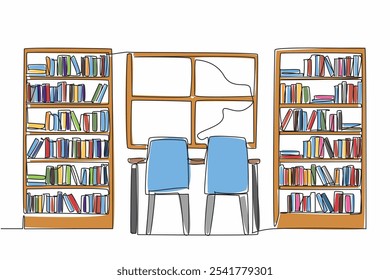 Continuous one line drawing reading chair and window in the middle of bookcase. Comfortable atmosphere to increase knowledge. Cozy. National Library Day. Single line draw design vector illustration