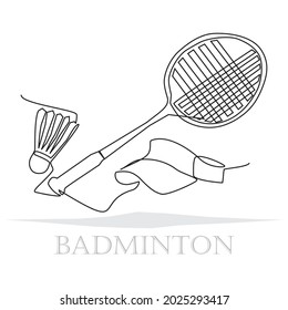 Continuous one Line drawing of Realistic badminton racquet with shuttlecock and tennis cap white mockup. Vector illustration badminton ball with feather and rocket. Athletic lifestyle, sport design.