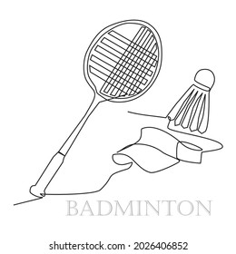 Continuous one Line drawing of Realistic badminton racquet with shuttlecock and tennis cap white mockup. Vector badminton ball with feather and rocket. Badminton Game Championship - sport design. 