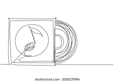 Continuous one line drawing Realistic vinyl record with cover mockup. Typography with headphones and sound wave. Music collection. Front view. Single line draw design vector graphic illustration