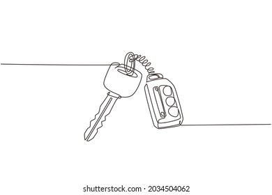 Continuous one line drawing realistic car keys black color isolated on white background. Set of electronic car key front and back view and alarm system. Single line design vector graphic illustration