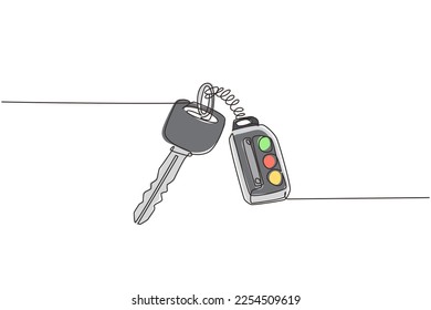 Continuous one line drawing realistic car keys black color isolated on white background. Set of electronic car key front and back view and alarm system. Single line design vector graphic illustration