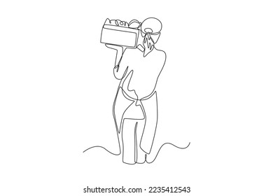 Continuous one line drawing rear view of female farmer carrying fruit harvest. Farming concept. Single line draw design vector graphic illustration.